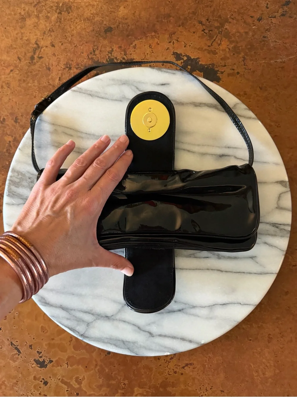 Vintage Gucci Black Patent Leather Clutch with Gold Crest